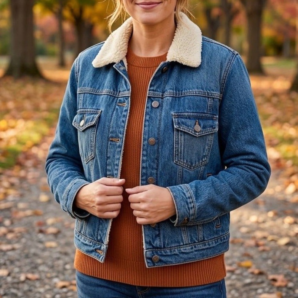 Old Navy Denim Jacket Sherpa Lined Womens Large Blue Faux Fur Trucker Coat Warm